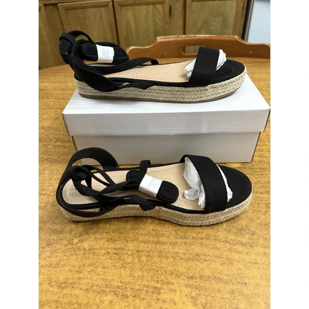 PrettyLittleThing Black Lace Up‎ Espadrille Flatform Sandal Size 8 US NEW